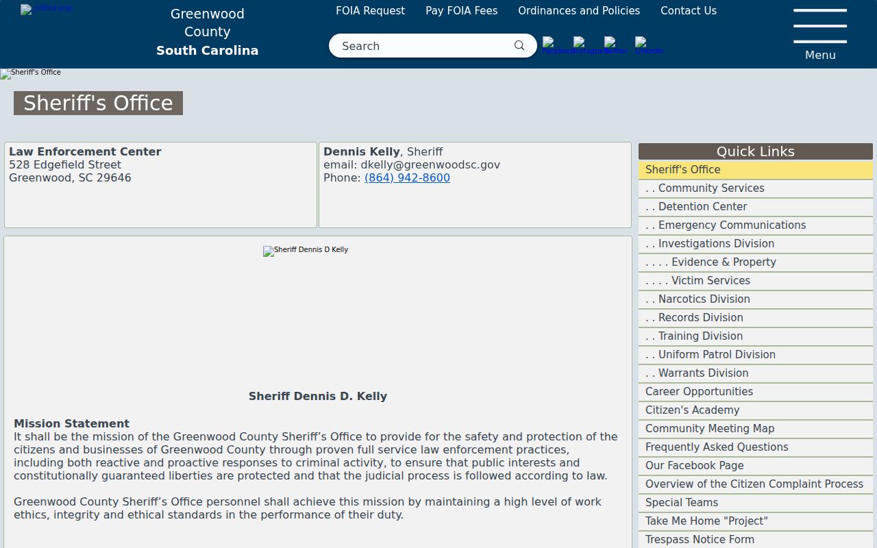 Greenwood County warrant records: Sheriff’s Office contact and department links
