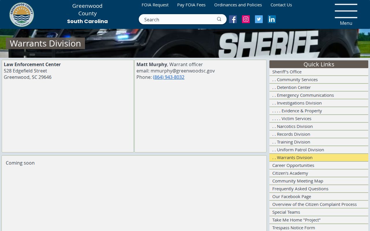 Greenwood County warrant records: Sheriff Warrant Division contact page